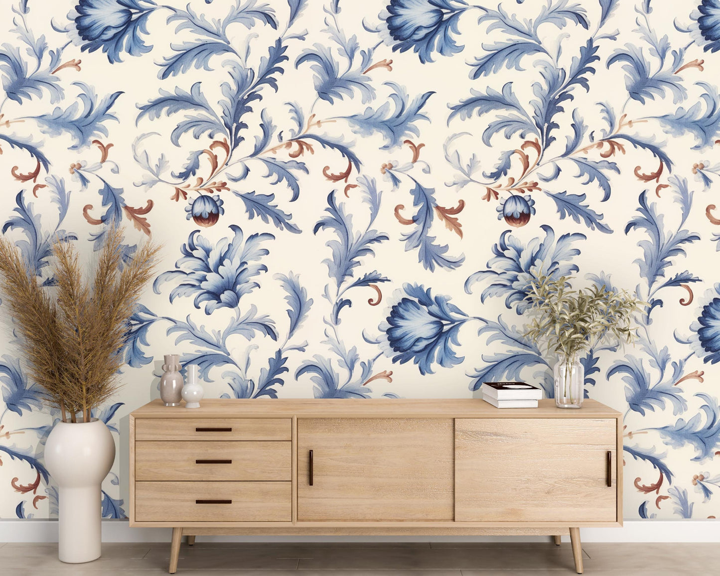 Removable Wallpaper, Blue Floral - Custom Printed, Peel & Stick, Reusable, Self Adhesive, 26 Inch Fixed Panels, Easy Install, Seamless