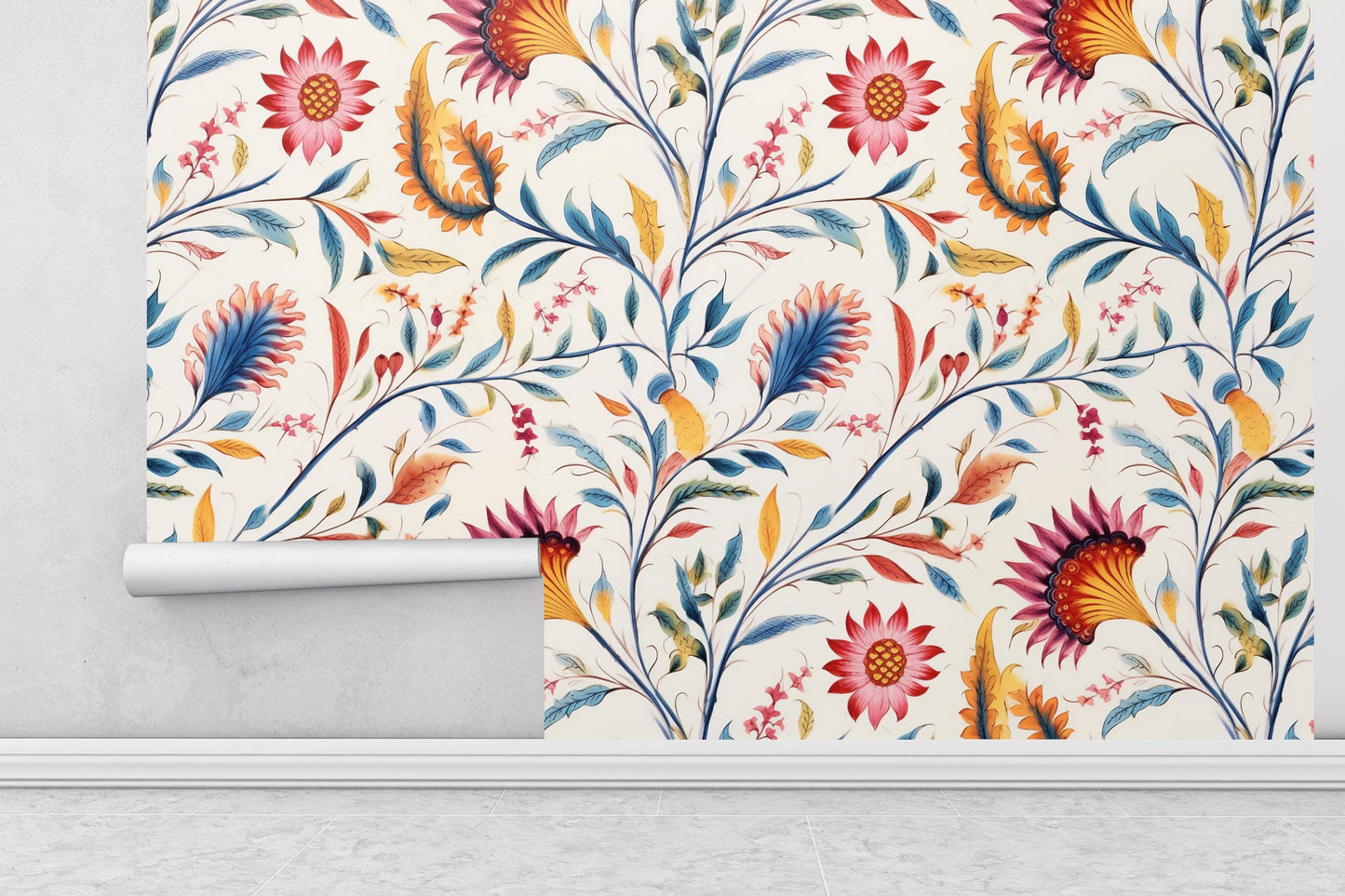 Removable Wallpaper, Colorful Floral - Custom Printed, Peel & Stick, Reusable, Self Adhesive, 26 Inch Fixed Panels, Easy Install, Seamless