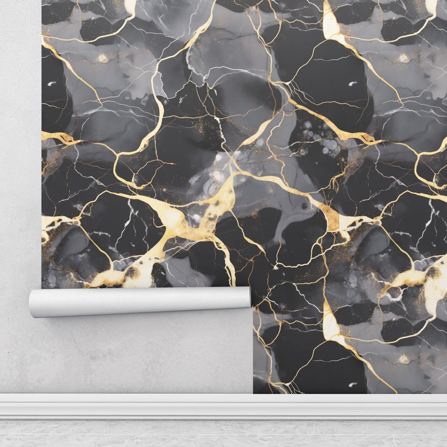 Removable Wallpaper, Black, Gold, Gray Marble
