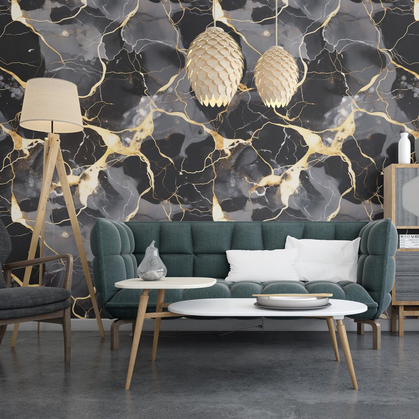 Removable Wallpaper, Black, Gold, Gray Marble