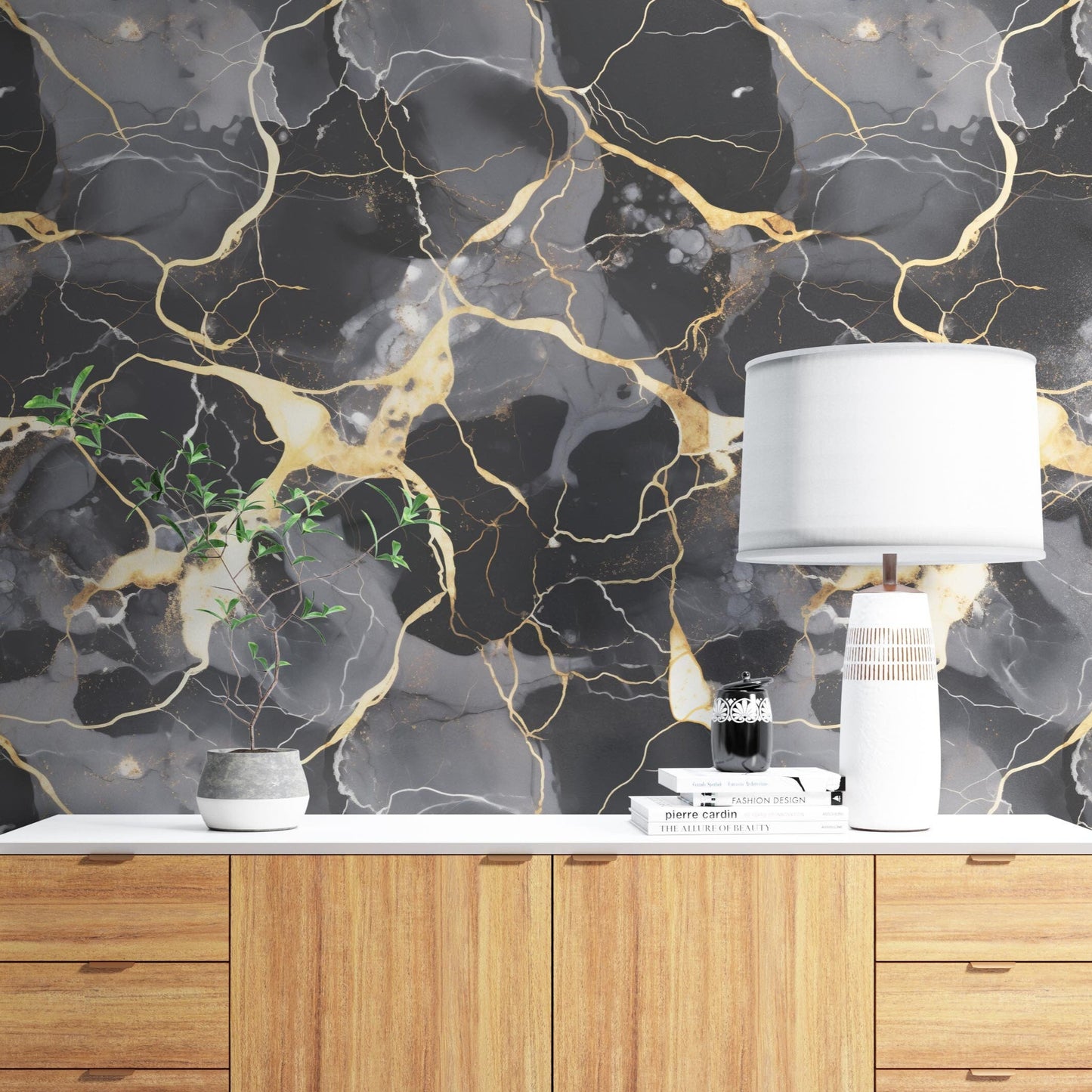 Removable Wallpaper, Black, Gold, Gray Marble