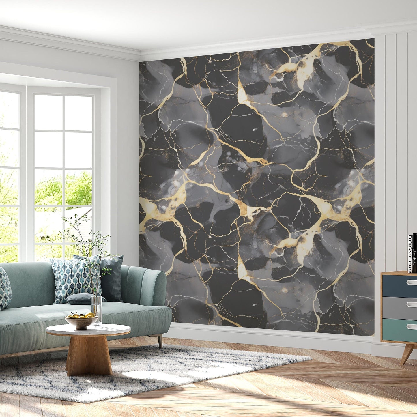 Removable Wallpaper, Black, Gold, Gray Marble
