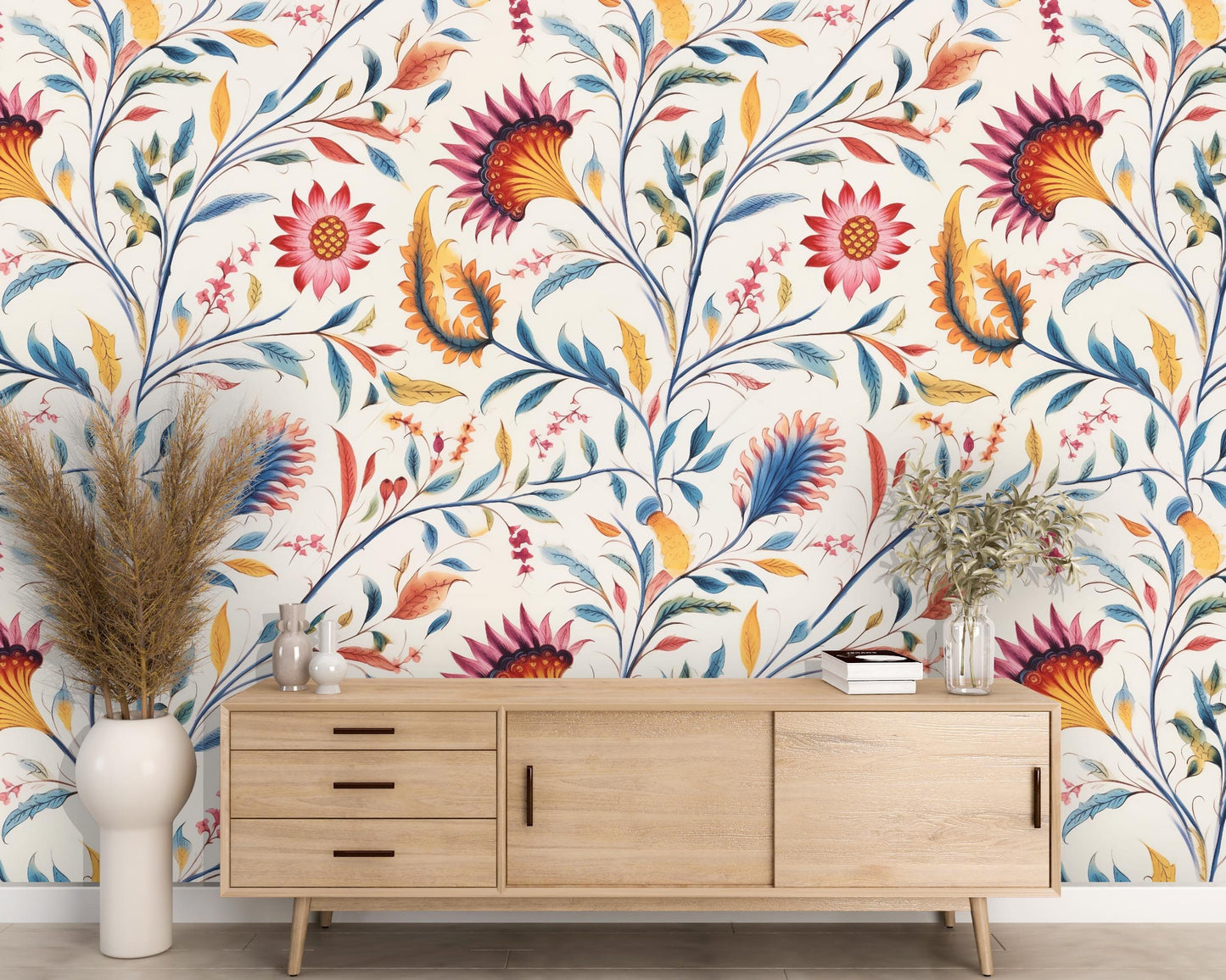 Removable Wallpaper, Colorful Floral - Custom Printed, Peel & Stick, Reusable, Self Adhesive, 26 Inch Fixed Panels, Easy Install, Seamless