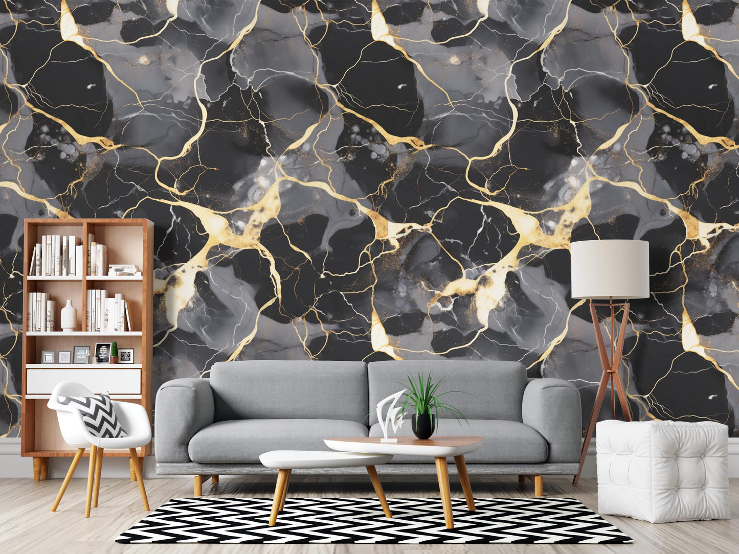 Removable Wallpaper, Black, Gold, Gray Marble