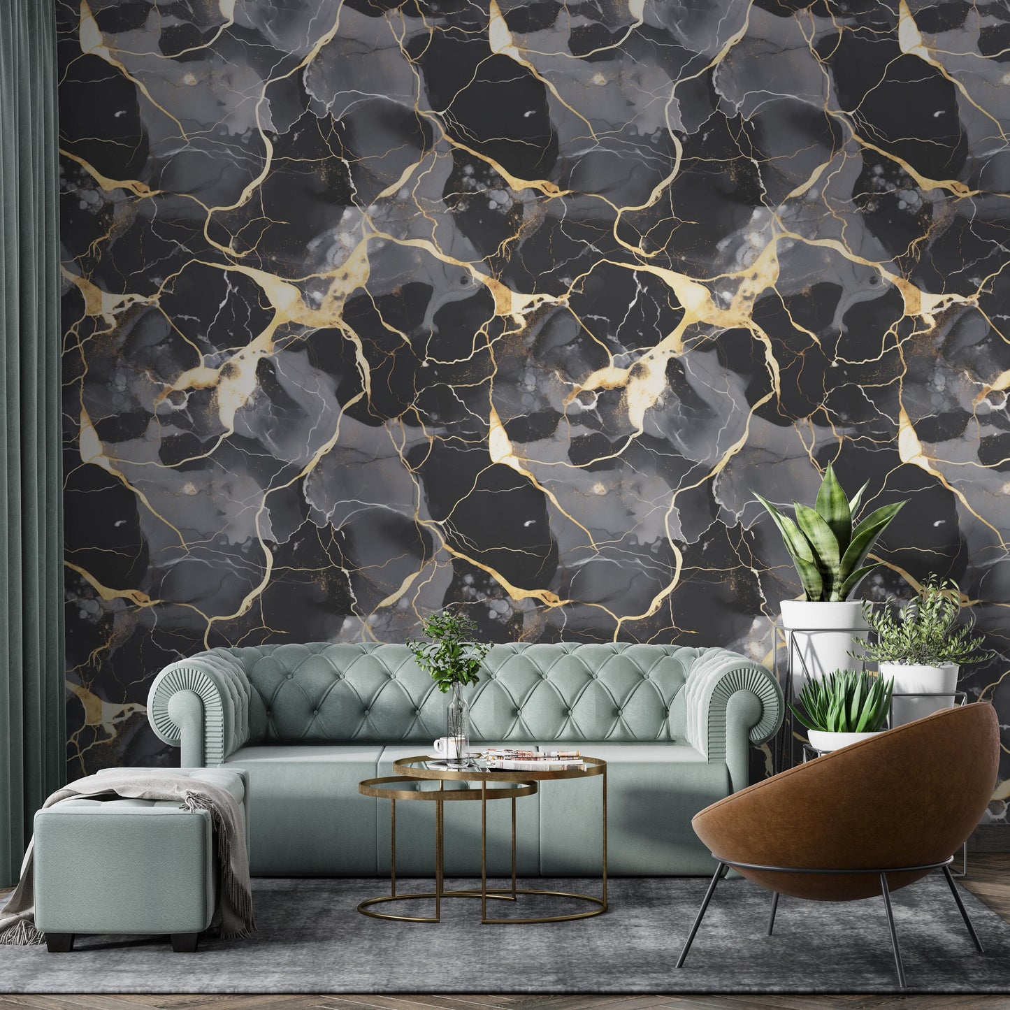 Removable Wallpaper, Black, Gold, Gray Marble