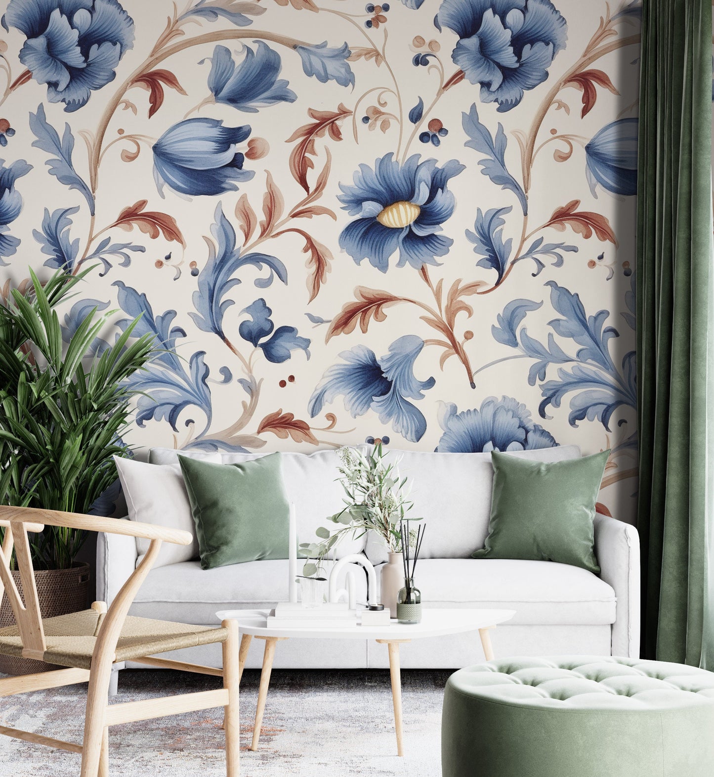 Floral Blue and Orange Removable Wallpaper, - Peel & Stick, Reusable, Self Adhesive, 26" Panels, Easy Install, Seamless