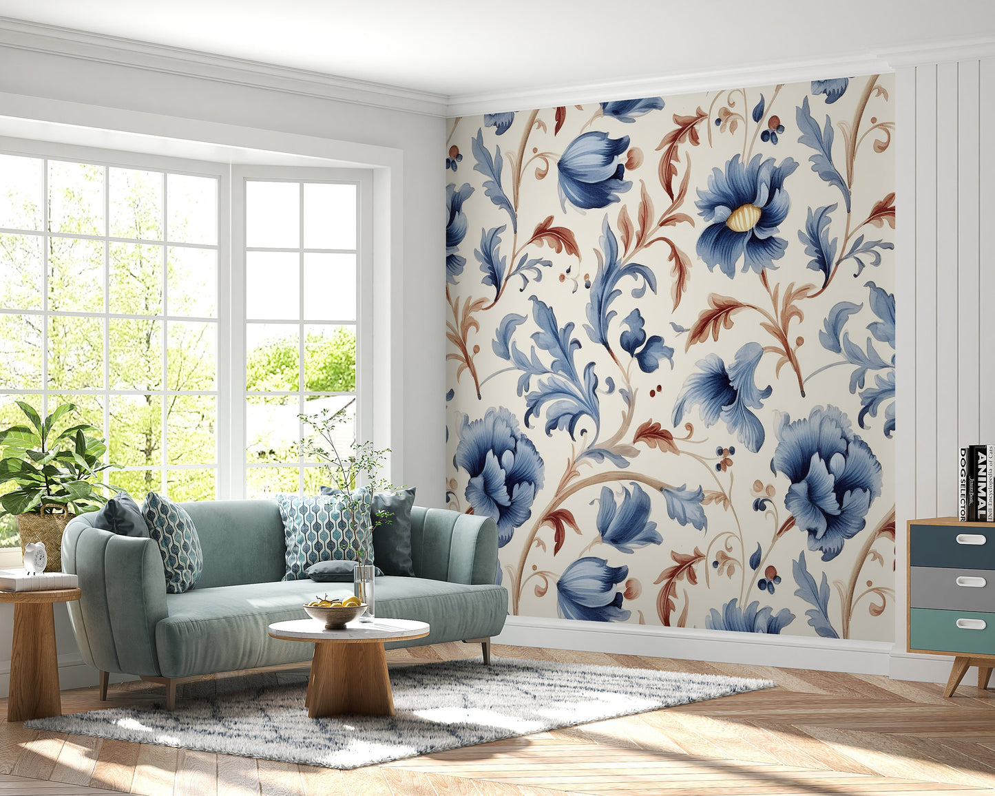 Floral Blue and Orange Removable Wallpaper, - Peel & Stick, Reusable, Self Adhesive, 26" Panels, Easy Install, Seamless