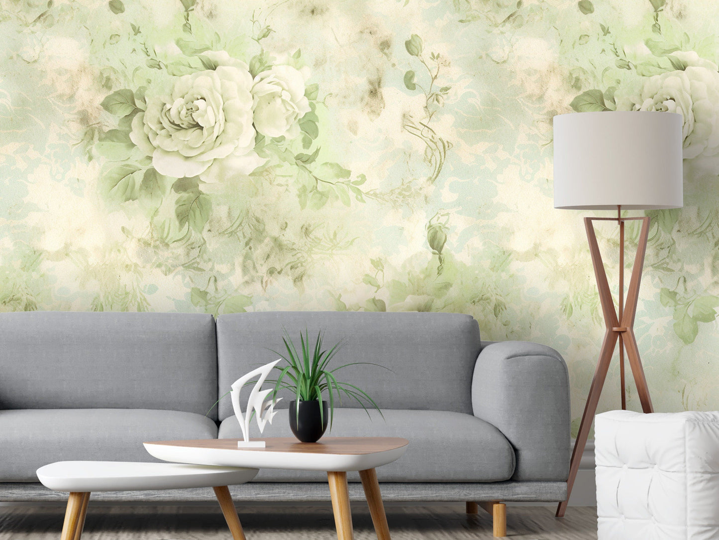 Removable Wallpaper, Green Floral - Peel & Stick, Reusable, Self Adhesive, 26" Panels, Easy Install, Seamless - Vaha Visuals