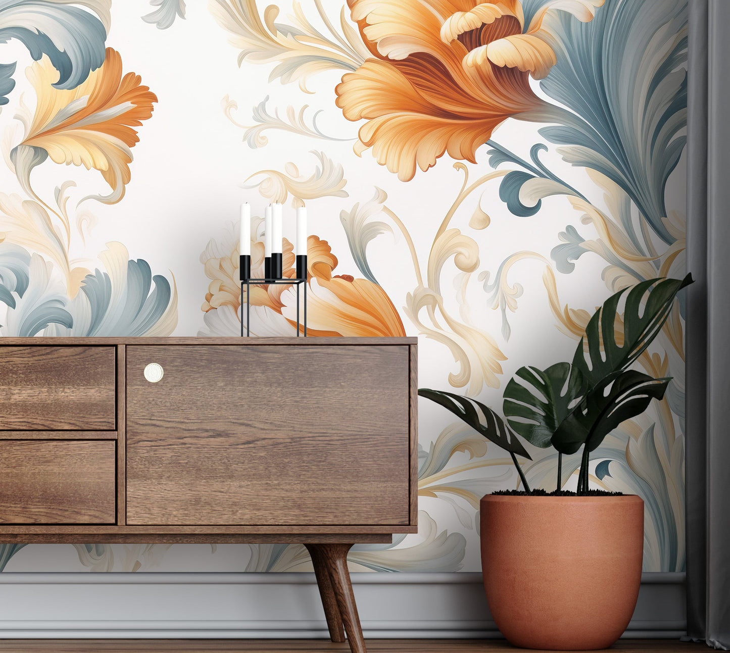Removable Wallpaper, Cute Floral Orange Flower - Peel & Stick, Reusable, Self Adhesive, 26" Panels, Easy Install, Seamless