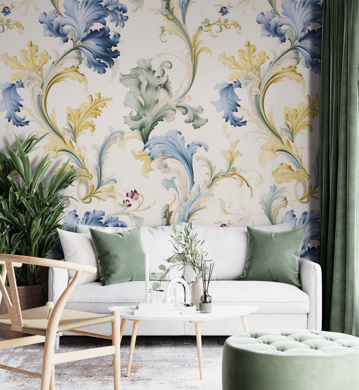 Removable Wallpaper, Yellow and Blue Floral - Peel & Stick, Reusable, Self Adhesive, 26" Panels, Easy Install, Seamless