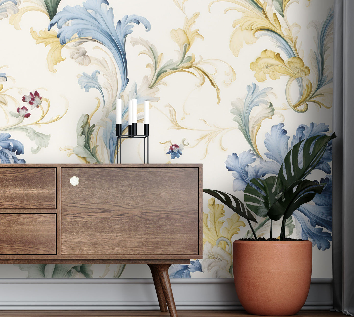 Removable Wallpaper, Yellow and Blue Floral - Peel & Stick, Reusable, Self Adhesive, 26" Panels, Easy Install, Seamless