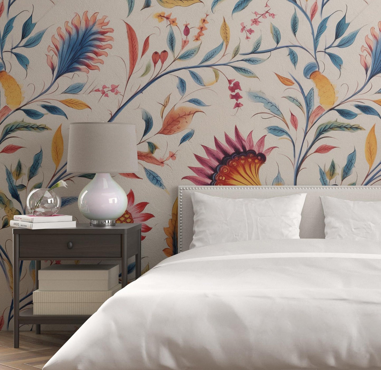 Removable Wallpaper, Colorful Floral - Custom Printed, Peel & Stick, Reusable, Self Adhesive, 26 Inch Fixed Panels, Easy Install, Seamless