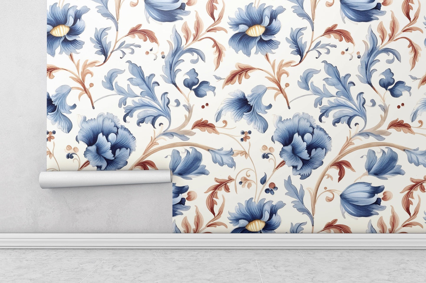 Floral Blue and Orange Removable Wallpaper, - Peel & Stick, Reusable, Self Adhesive, 26" Panels, Easy Install, Seamless