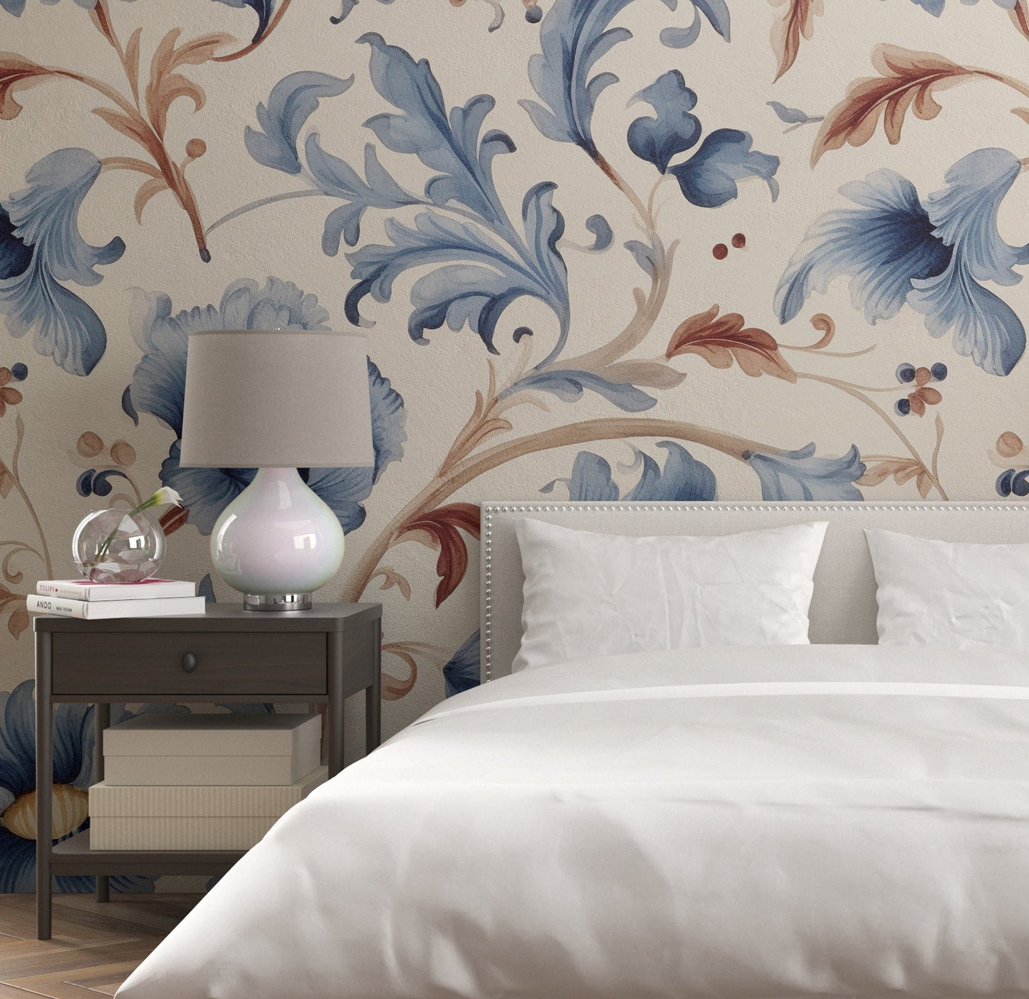 Floral Blue and Orange Removable Wallpaper, - Peel & Stick, Reusable, Self Adhesive, 26" Panels, Easy Install, Seamless