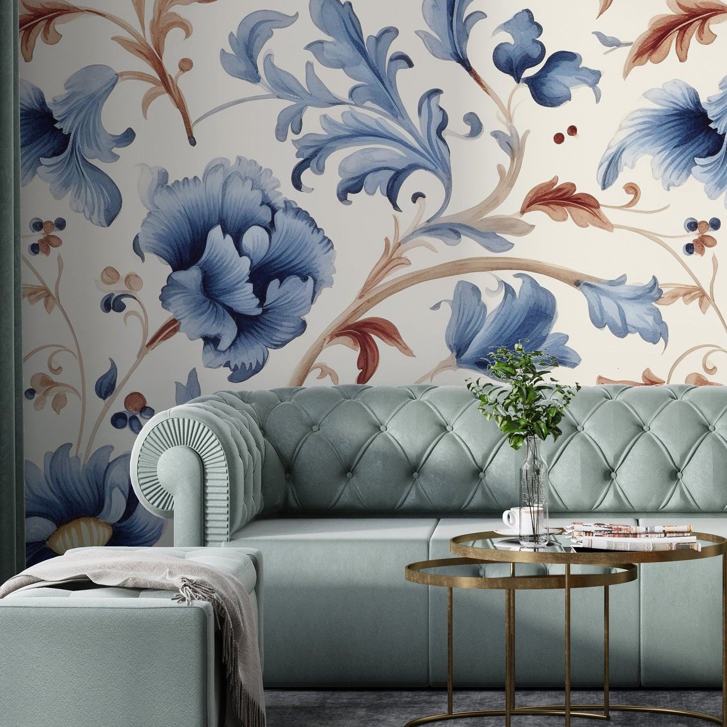 Floral Blue and Orange Removable Wallpaper, - Peel & Stick, Reusable, Self Adhesive, 26" Panels, Easy Install, Seamless