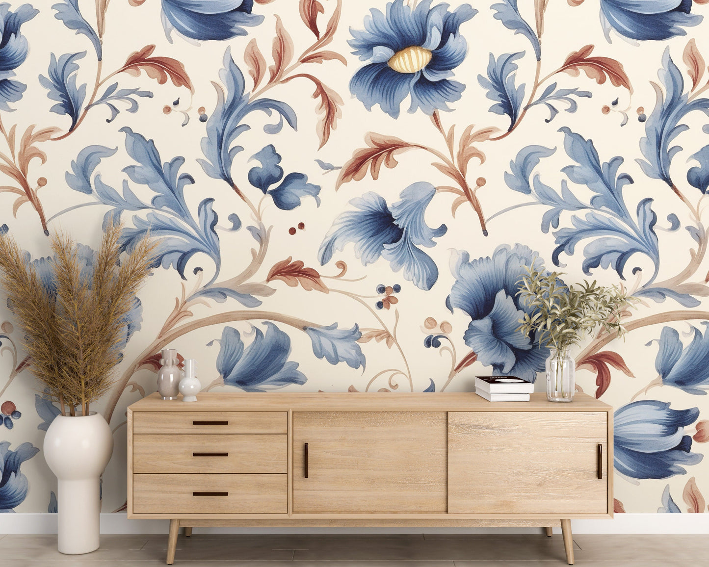 Floral Blue and Orange Removable Wallpaper, - Peel & Stick, Reusable, Self Adhesive, 26" Panels, Easy Install, Seamless