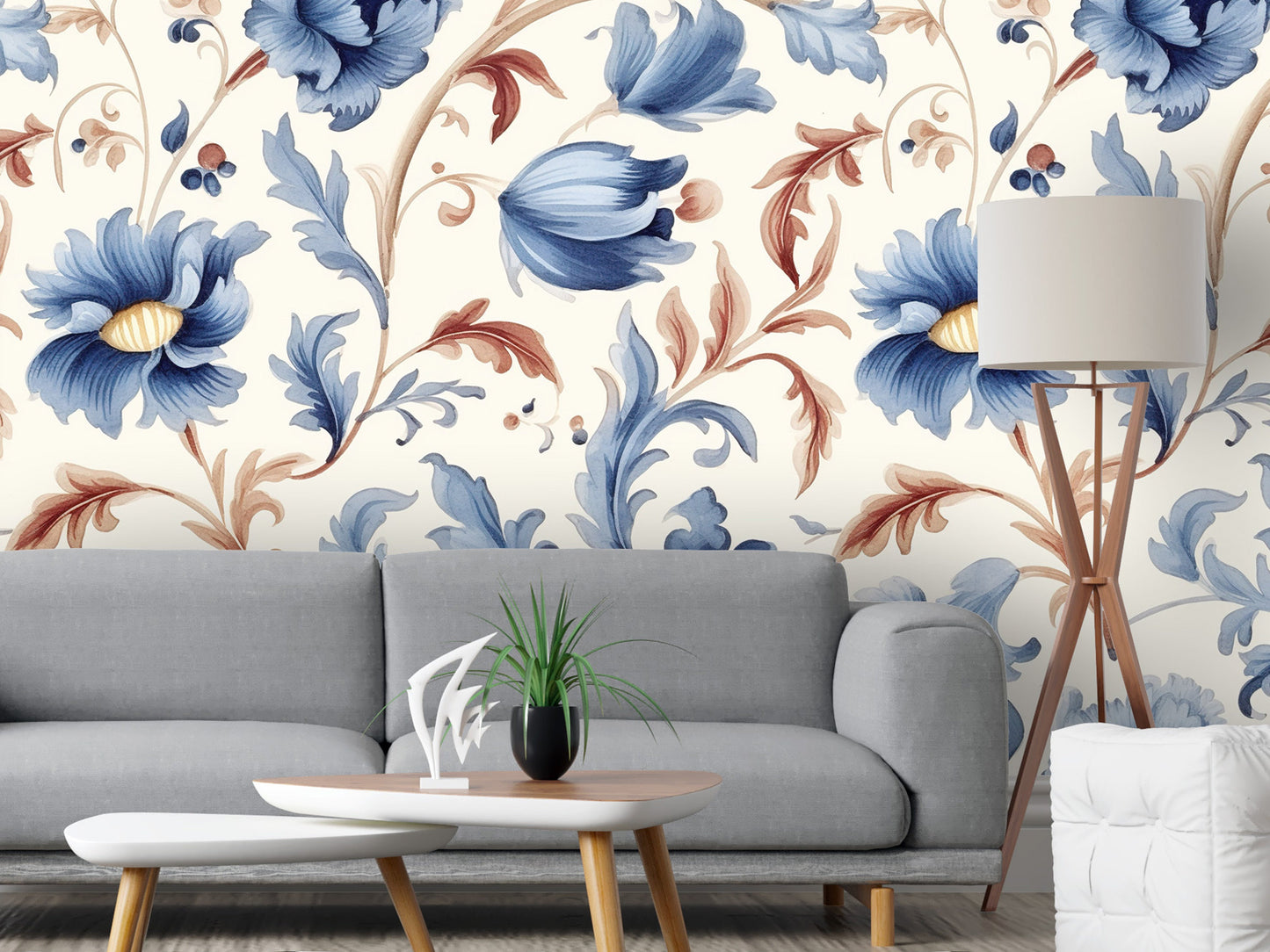 Floral Blue and Orange Removable Wallpaper, - Peel & Stick, Reusable, Self Adhesive, 26" Panels, Easy Install, Seamless
