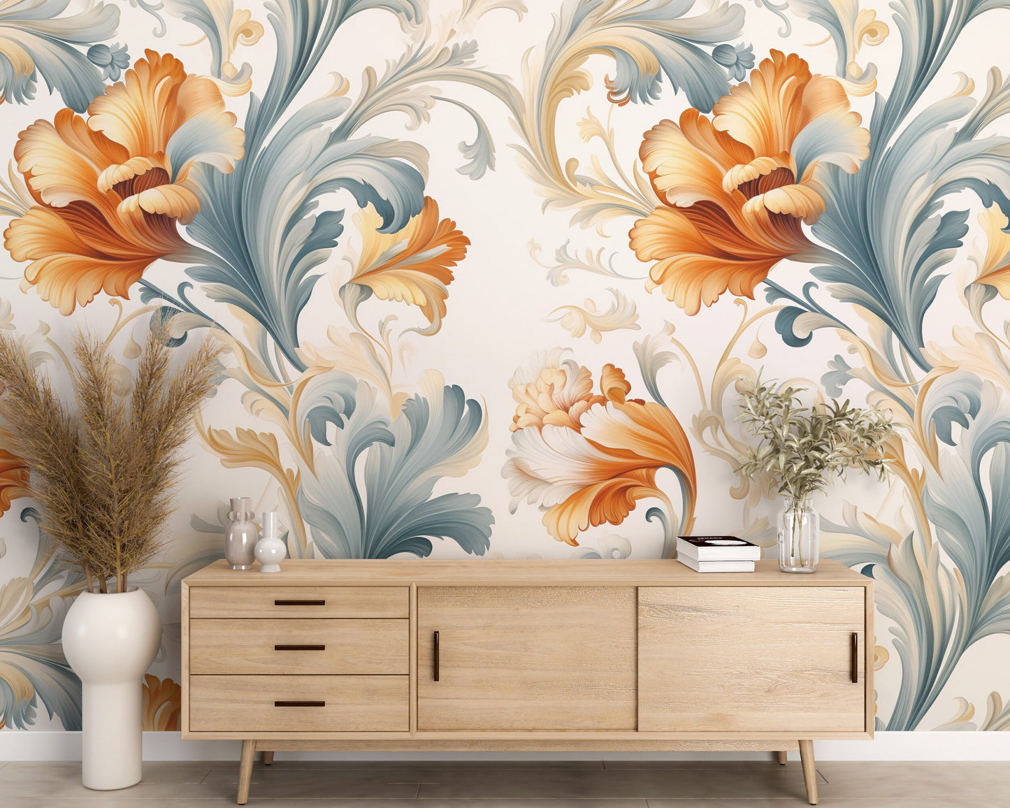 Removable Wallpaper, Cute Floral Orange Flower - Peel & Stick, Reusable, Self Adhesive, 26" Panels, Easy Install, Seamless