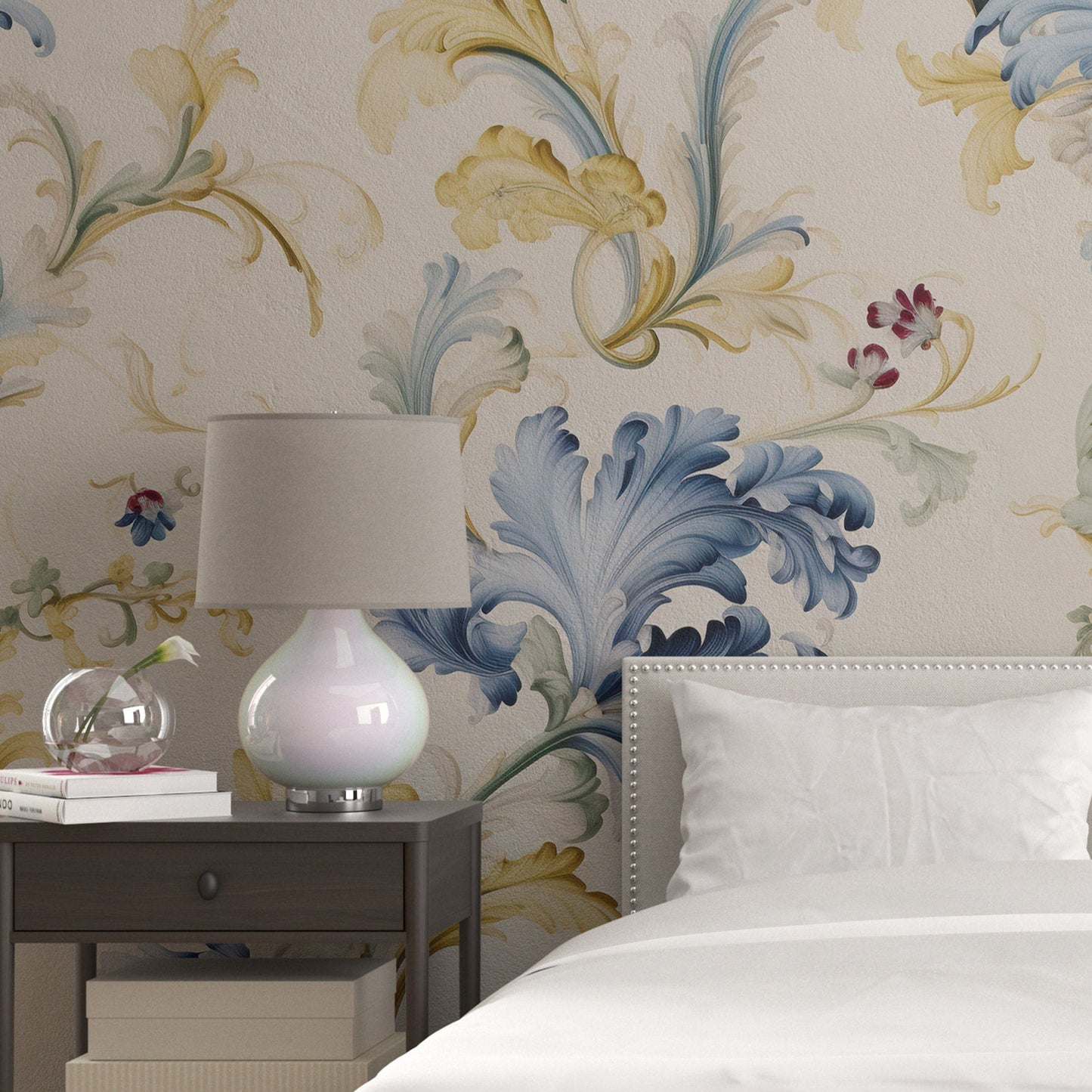 Removable Wallpaper, Yellow and Blue Floral - Peel & Stick, Reusable, Self Adhesive, 26" Panels, Easy Install, Seamless