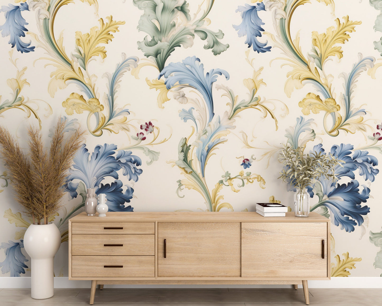 Removable Wallpaper, Yellow and Blue Floral - Peel & Stick, Reusable, Self Adhesive, 26" Panels, Easy Install, Seamless