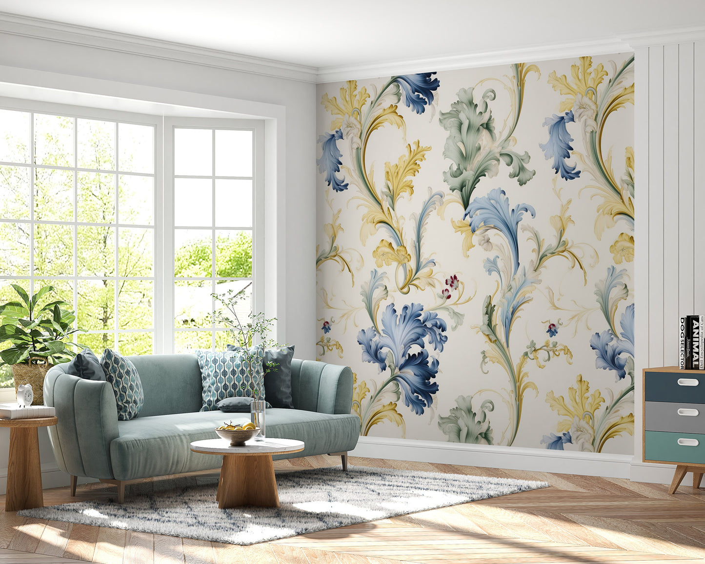 Removable Wallpaper, Yellow and Blue Floral - Peel & Stick, Reusable, Self Adhesive, 26" Panels, Easy Install, Seamless