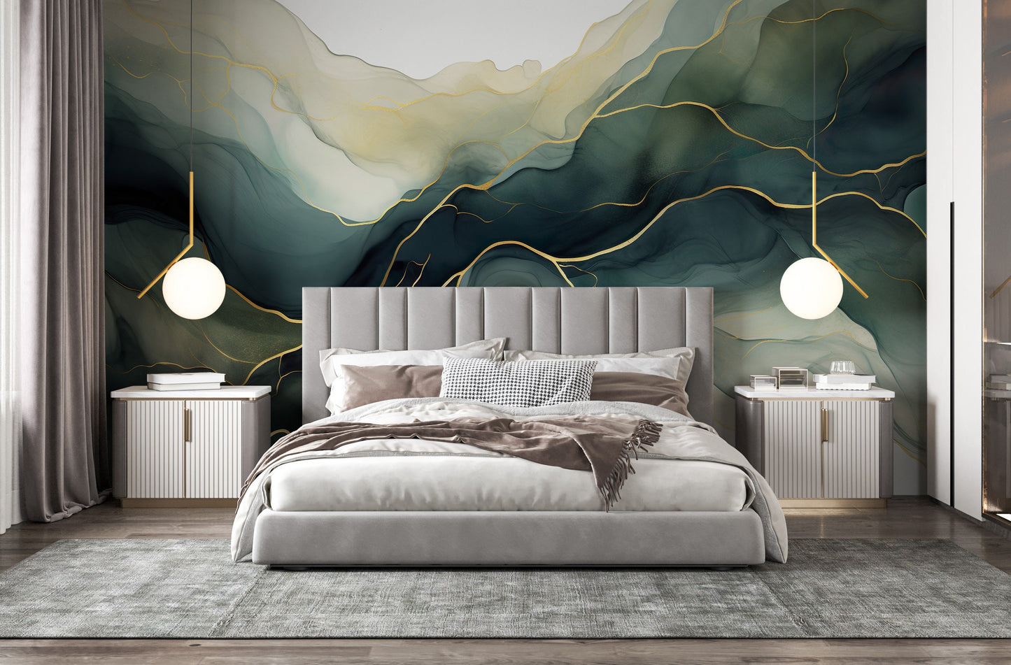 Removable Wallpaper, Custom Wall Size, Wall Decor, Green Gold Peel & Stick Wall Mural, 24/48" Panel Cut, Reusable, Self Adhesive