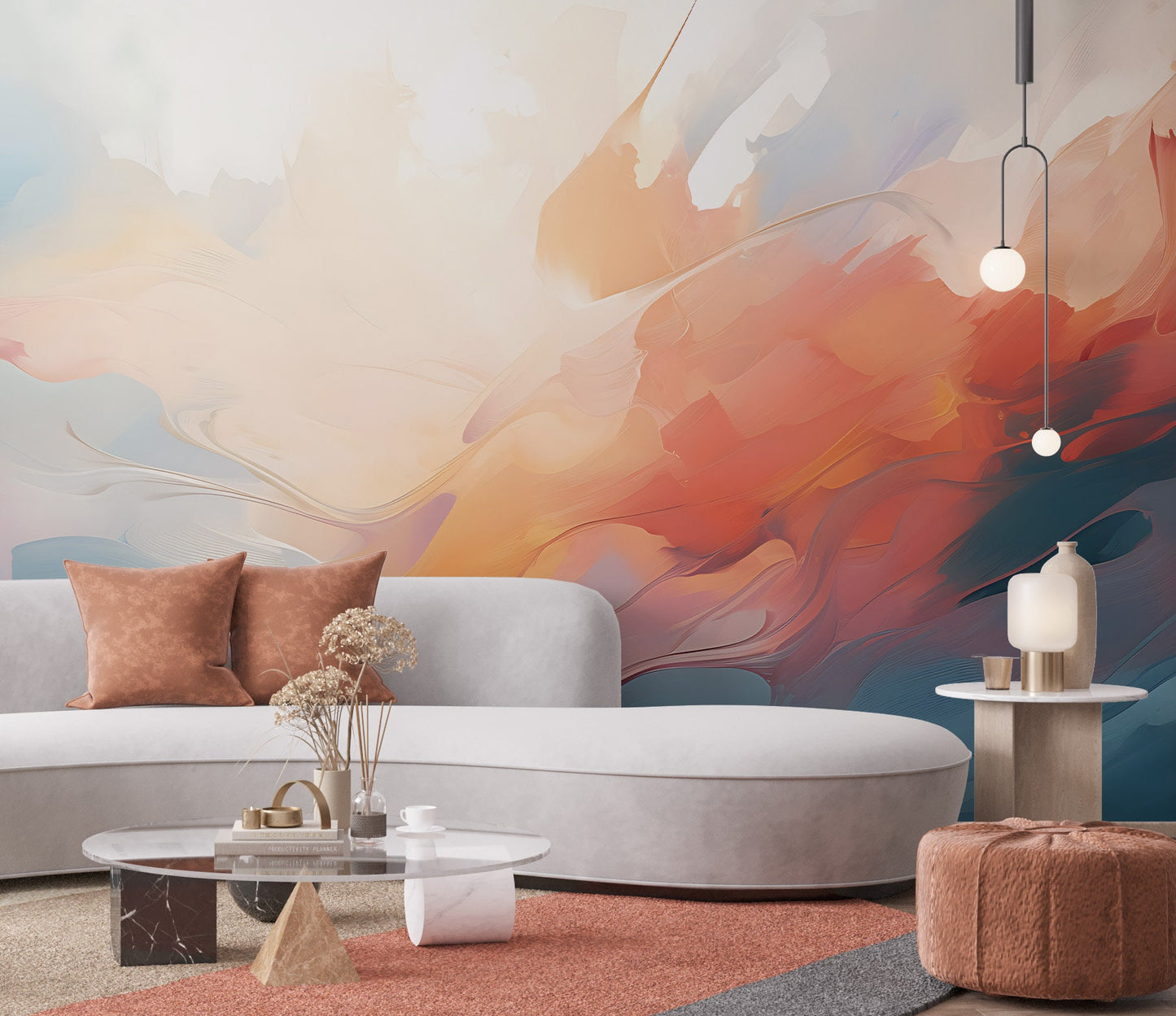 Removable Wallpaper, Custom Wall Size, Wall Decor, Orange White Peel & Stick Wall Mural, 24/48" Panel Cut, Reusable, Self Adhesive,