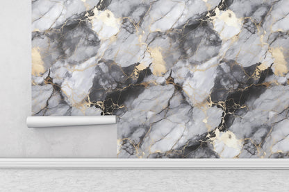 Removable Wallpaper, Black, Gold, Gray Marble - Peel & Stick, Reusable, Self Adhesive, 26 Inch Fixed Panels, Easy Install, Seamless