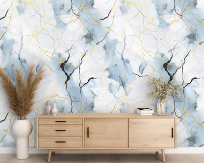Removable Wallpaper, Blue and Gold Marble - Peel & Stick, Reusable, Self Adhesive, 26" Panels, Easy Install, Seamless