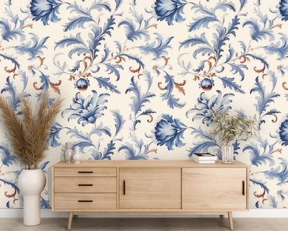 Removable Wallpaper, Blue Floral - Custom Printed, Peel & Stick, Reusable, Self Adhesive, 26 Inch Fixed Panels, Easy Install, Seamless