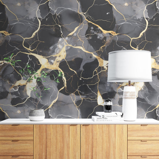 Removable Wallpaper, Black, Gold, Gray Marble