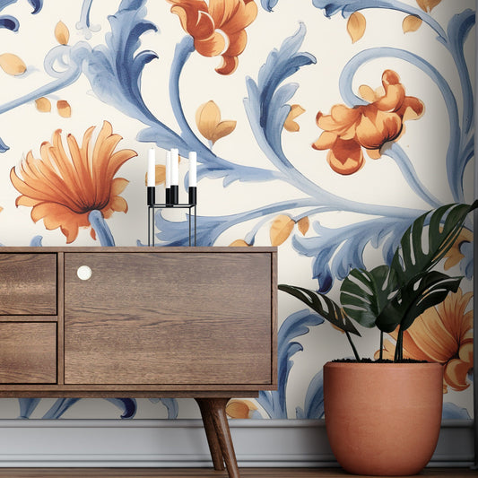 Removable Wallpaper, Beautiful Floral Orange Flower - Peel & Stick, Reusable, Self Adhesive, 26" Panels, Easy Install, Seamless