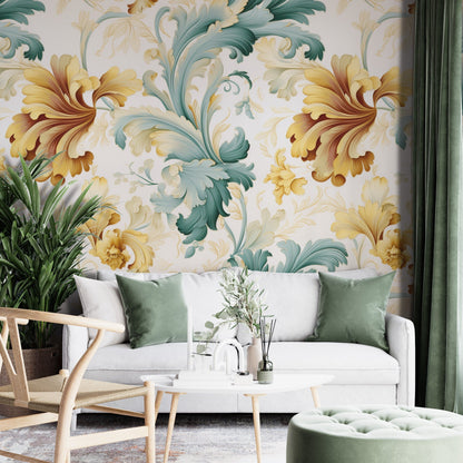 Removable Wallpaper, Green and Yellow Floral - Peel & Stick, Reusable, Self Adhesive, 26" Panels, Easy Install, Seamless