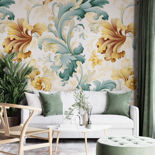 Removable Wallpaper, Green and Yellow Floral - Peel & Stick, Reusable, Self Adhesive, 26" Panels, Easy Install, Seamless