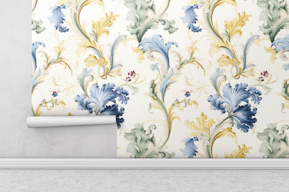 Removable Wallpaper, Yellow and Blue Floral - Peel & Stick, Reusable, Self Adhesive, 26" Panels, Easy Install, Seamless
