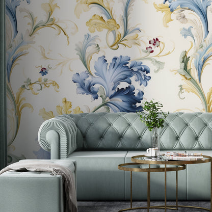 Removable Wallpaper, Yellow and Blue Floral - Peel & Stick, Reusable, Self Adhesive, 26" Panels, Easy Install, Seamless