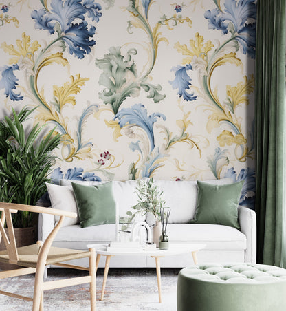 Removable Wallpaper, Yellow and Blue Floral - Peel & Stick, Reusable, Self Adhesive, 26" Panels, Easy Install, Seamless