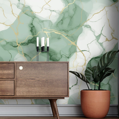 Removable Wallpaper, Green and Gold Marble - Peel & Stick, Reusable, Self Adhesive, 26" Panels, Easy Install, Seamless