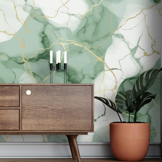 Removable Wallpaper, Green and Gold Marble - Peel & Stick, Reusable, Self Adhesive, 26" Panels, Easy Install, Seamless