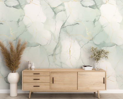 Removable Wallpaper, White, Gold and Green Beautiful Marble - Peel & Stick, Reusable, Self Adhesive, 26" Panels, Easy Install, Seamless