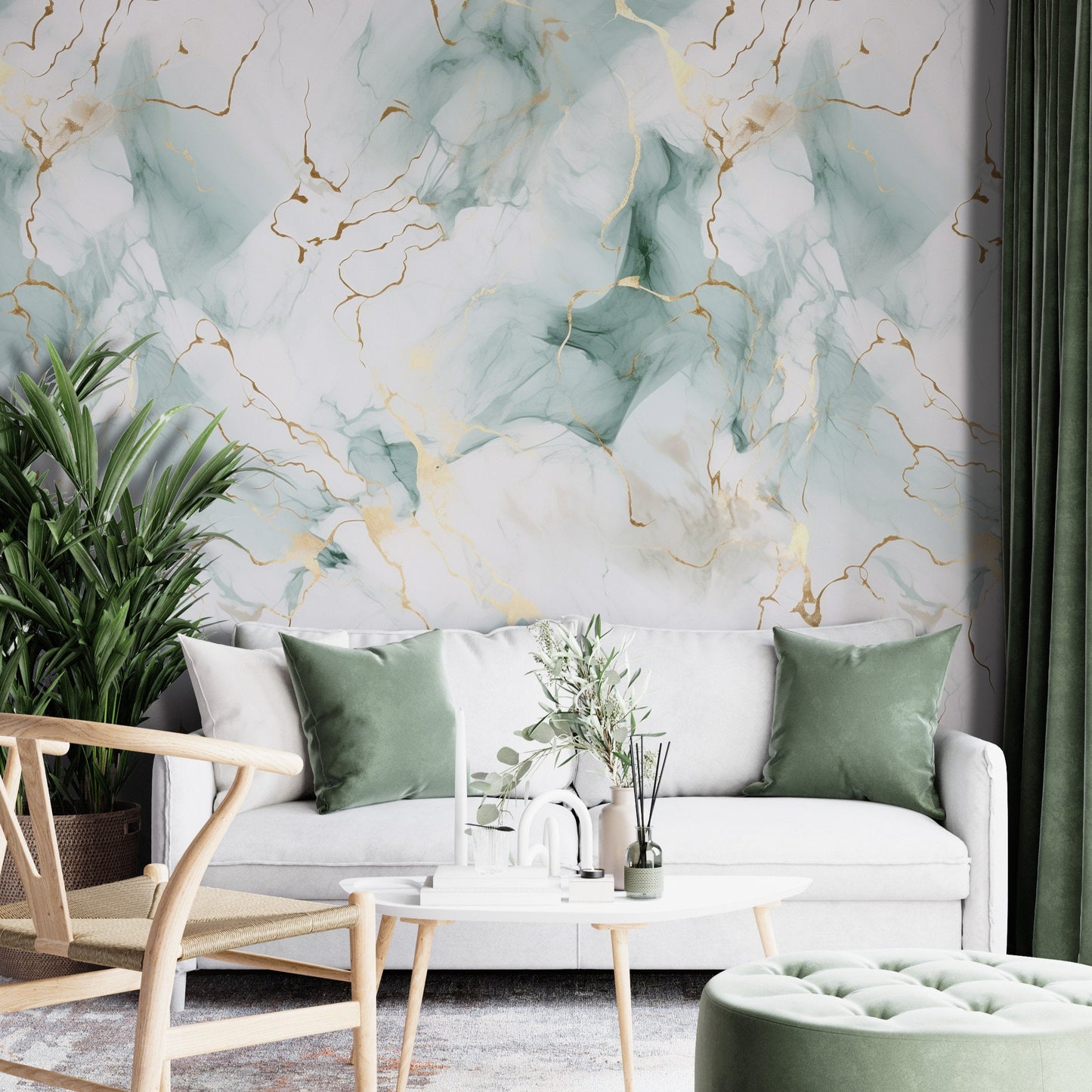 Removable Wallpaper, Sea Green and Gold Marble - Peel & Stick, Reusable, Self Adhesive, 26" Panels, Easy Install, Seamless
