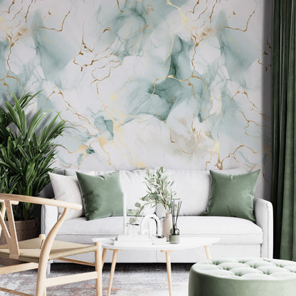 Removable Wallpaper, Sea Green and Gold Marble - Peel & Stick, Reusable, Self Adhesive, 26" Panels, Easy Install, Seamless