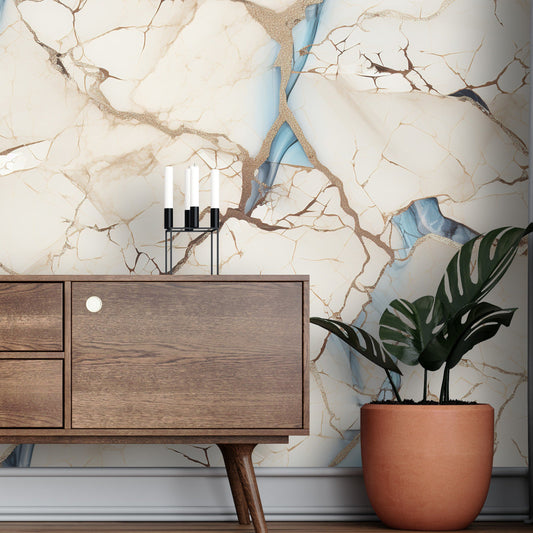 Removable Wallpaper, Blue, Brown and White Marble Design - Peel & Stick, Reusable, Self Adhesive, 26" Panels, Easy Install, Seamless