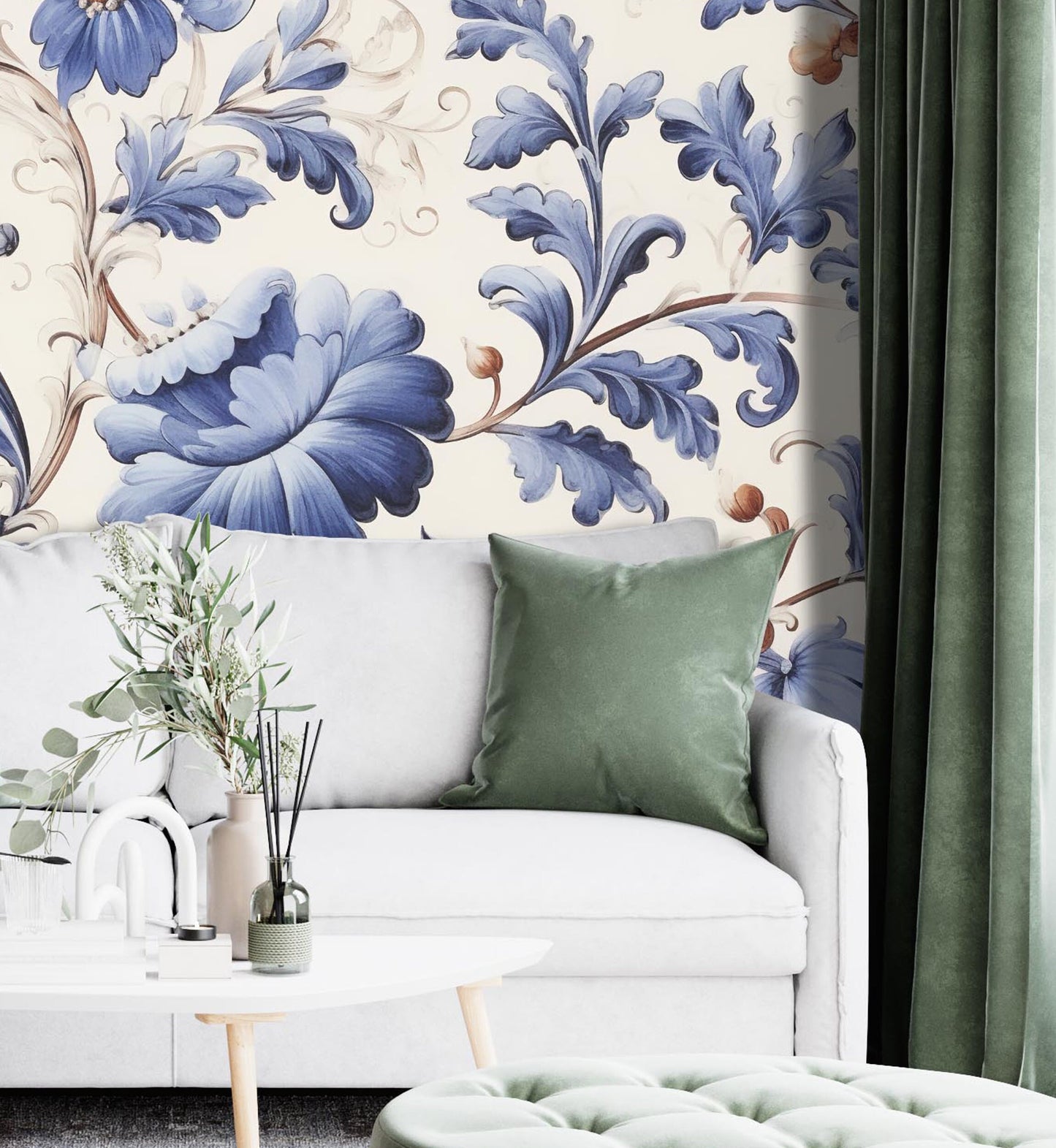 Removable Wallpaper, Blue and White Floral - Peel & Stick, Reusable, Self Adhesive, 26 Inch Fixed Panels, Easy Install, Seamless
