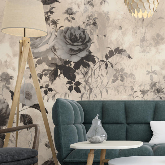 Vintage Rose Floral Removable Wallpaper - Peel & Stick, Reusable, Self Adhesive, 26 Inch Fixed Panels, Easy Install, Seamless