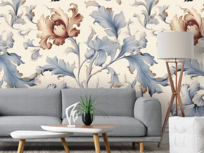 Removable Wallpaper, Cute Orange and Blue Floral - Peel & Stick, Reusable, Self Adhesive, 26" Panels, Easy Install, Seamless