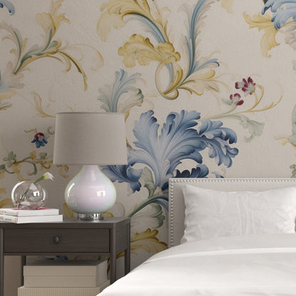 Removable Wallpaper, Yellow and Blue Floral - Peel & Stick, Reusable, Self Adhesive, 26" Panels, Easy Install, Seamless
