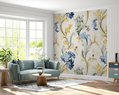 Removable Wallpaper, Yellow and Blue Floral - Peel & Stick, Reusable, Self Adhesive, 26" Panels, Easy Install, Seamless