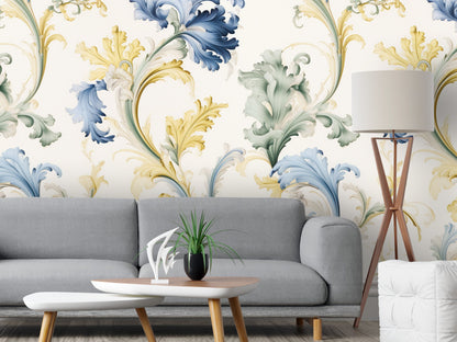 Removable Wallpaper, Yellow and Blue Floral - Peel & Stick, Reusable, Self Adhesive, 26" Panels, Easy Install, Seamless
