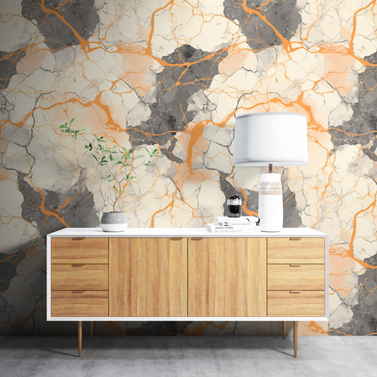 Removable Wallpaper, Black and Orange Marble - Peel & Stick, Reusable, Self Adhesive, 26" Panels, Easy Install, Seamless